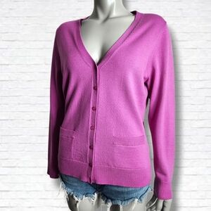 Lord & Taylor Fushia V Neck Merino Wool Cardigan Size L